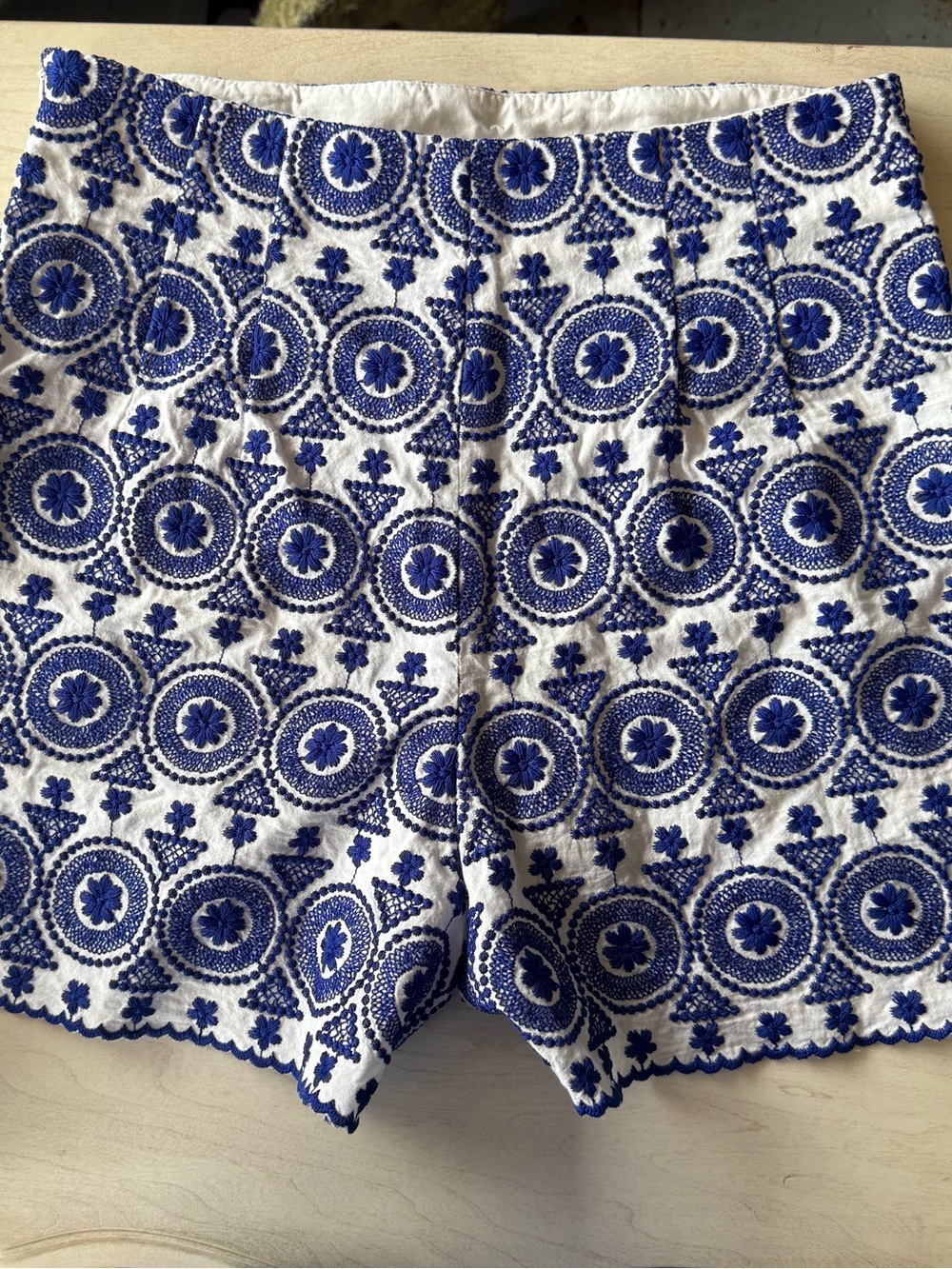 Zara White and Blue Embroidered High-Waist Shorts